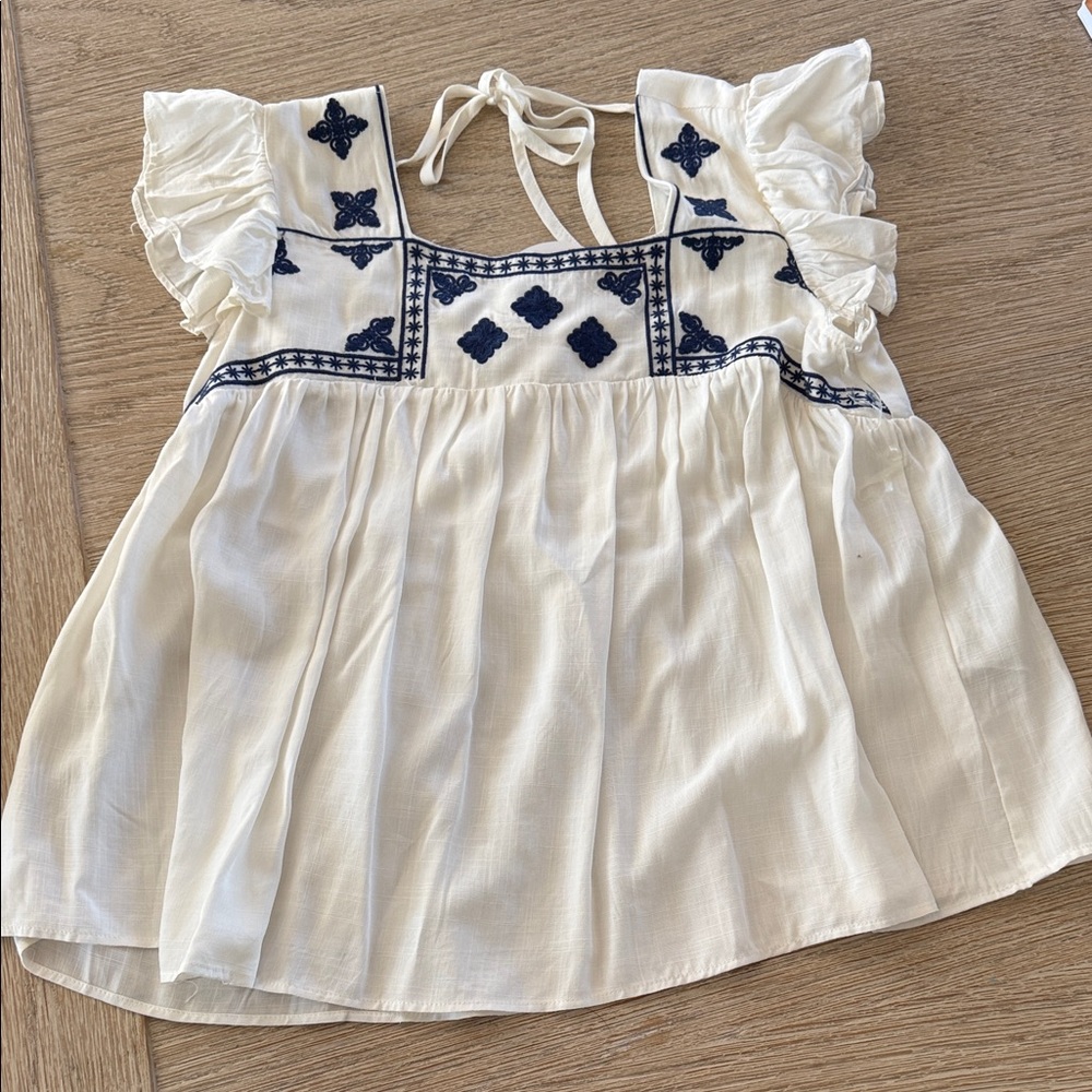 Embroidered White and Blue Top